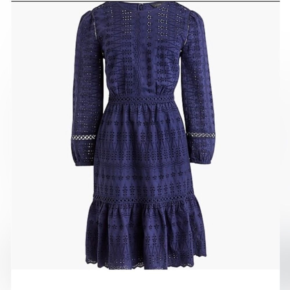 J CREW Dress Navy Blue Eyelet Embroidered Flutter Hem 100% Cotton Long Sleeve 8P